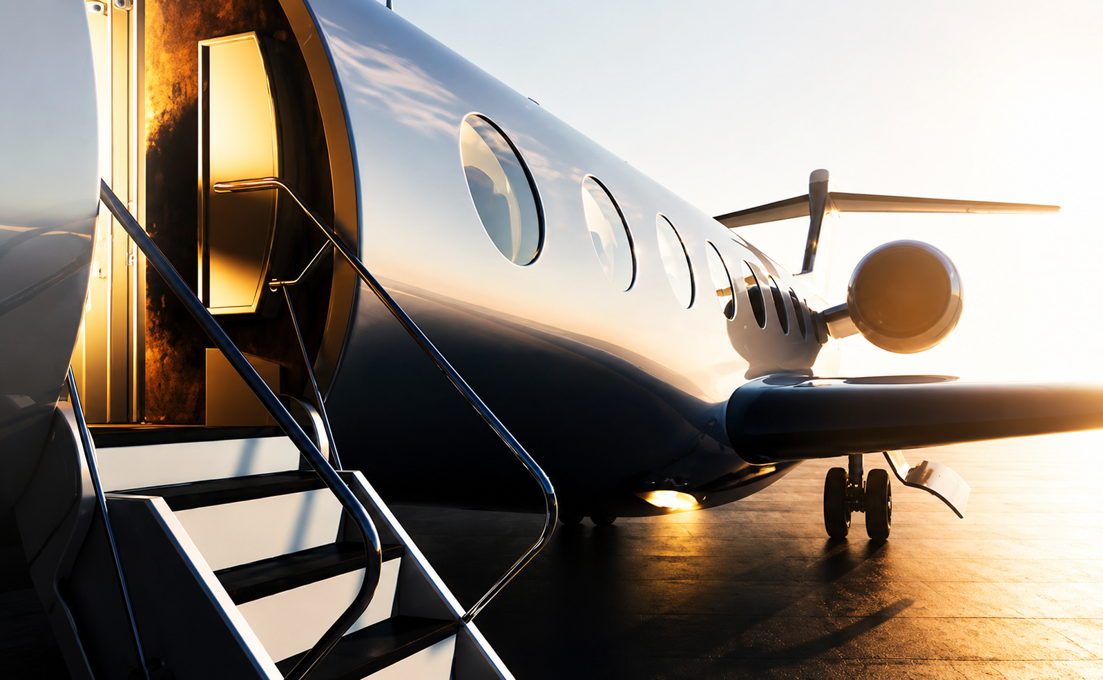 Private jet on the ramp at golden hour