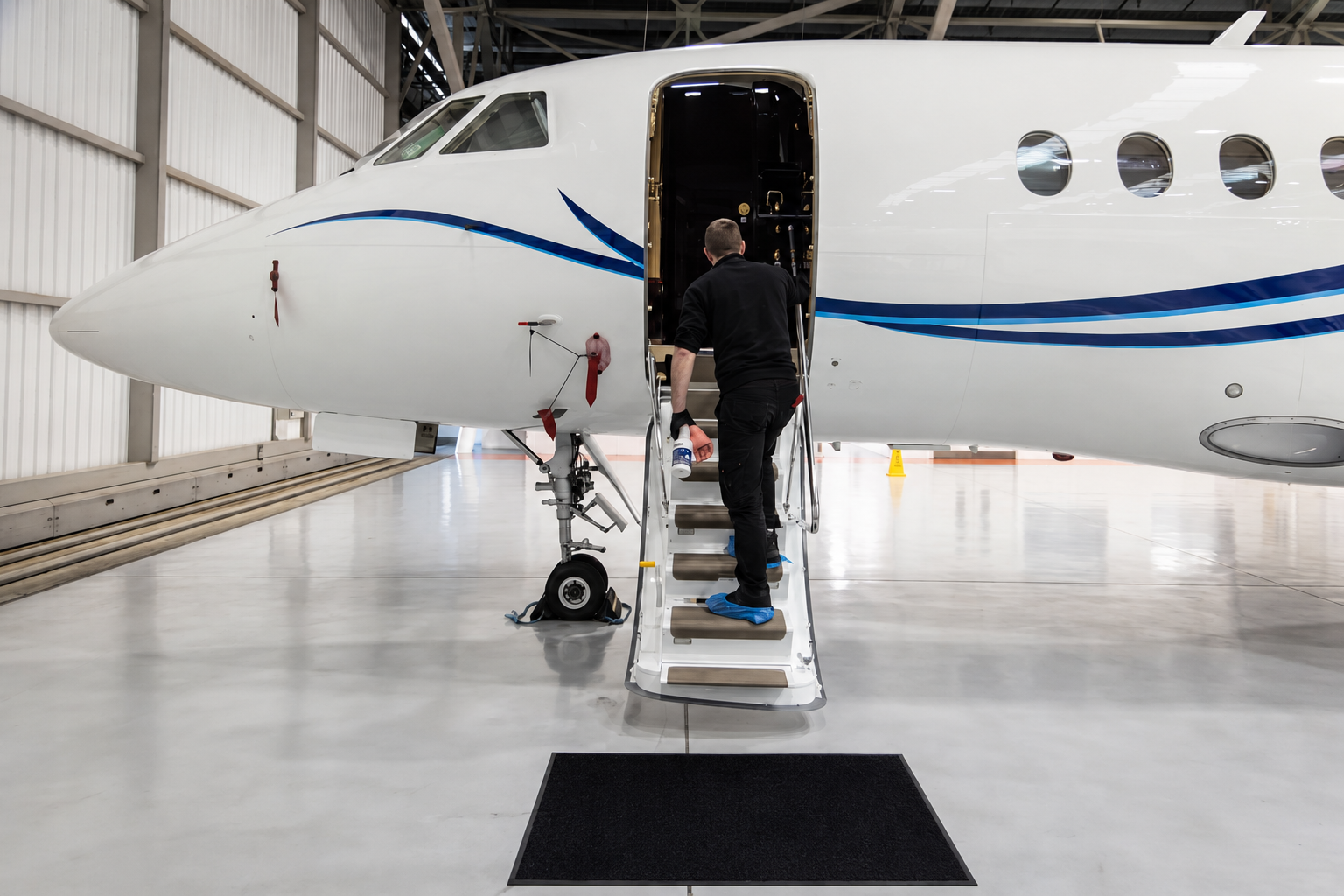 A pilot detailing the wing of an aircraft